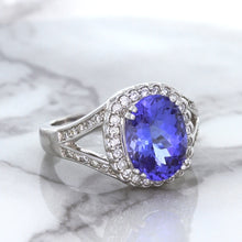 Load image into Gallery viewer, 3.37ct Oval Tanzanite Ring with Diamond Halo in 14K White Gold
