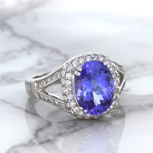 Load image into Gallery viewer, 3.37ct Oval Tanzanite Ring with Diamond Halo in 14K White Gold