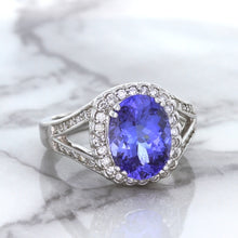 Load image into Gallery viewer, 3.37ct Oval Tanzanite Ring with Diamond Halo in 14K White Gold