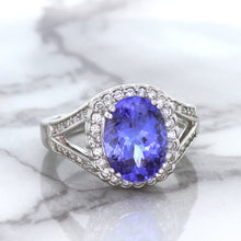 Load image into Gallery viewer, 3.37ct Oval Tanzanite Ring with Diamond Halo in 14K White Gold