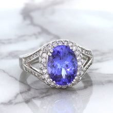 Load image into Gallery viewer, 3.37ct Oval Tanzanite Ring with Diamond Halo in 14K White Gold