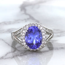 Load image into Gallery viewer, 3.37ct Oval Tanzanite Ring with Diamond Halo in 14K White Gold