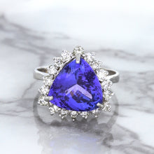 Load image into Gallery viewer, 5.06ct Trillion Tanzanite Ring with Diamond Halo in 14K White Gold