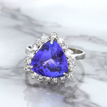 Load image into Gallery viewer, 5.06ct Trillion Tanzanite Ring with Diamond Halo in 14K White Gold