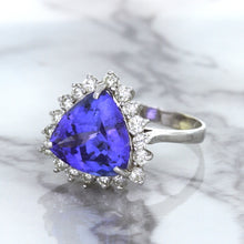 Load image into Gallery viewer, 5.06ct Trillion Tanzanite Ring with Diamond Halo in 14K White Gold
