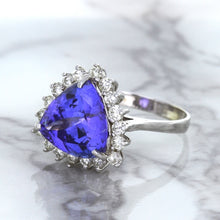 Load image into Gallery viewer, 5.06ct Trillion Tanzanite Ring with Diamond Halo in 14K White Gold