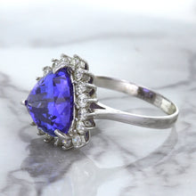 Load image into Gallery viewer, 5.06ct Trillion Tanzanite Ring with Diamond Halo in 14K White Gold