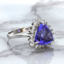 Load image into Gallery viewer, 5.06ct Trillion Tanzanite Ring with Diamond Halo in 14K White Gold