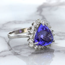 Load image into Gallery viewer, 5.06ct Trillion Tanzanite Ring with Diamond Halo in 14K White Gold
