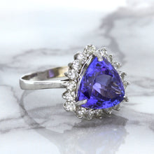 Load image into Gallery viewer, 5.06ct Trillion Tanzanite Ring with Diamond Halo in 14K White Gold