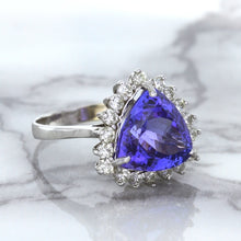 Load image into Gallery viewer, 5.06ct Trillion Tanzanite Ring with Diamond Halo in 14K White Gold