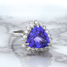 Load image into Gallery viewer, 5.06ct Trillion Tanzanite Ring with Diamond Halo in 14K White Gold