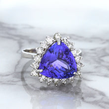 Load image into Gallery viewer, 5.06ct Trillion Tanzanite Ring with Diamond Halo in 14K White Gold