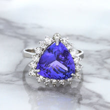 Load image into Gallery viewer, 5.06ct Trillion Tanzanite Ring with Diamond Halo in 14K White Gold