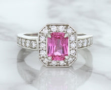 Load image into Gallery viewer, 1.56ct Radiant Pink Sapphire Ring with Diamond Halo in 18K White Gold