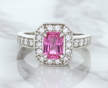 Load image into Gallery viewer, 1.56ct Radiant Pink Sapphire Ring with Diamond Halo in 18K White Gold