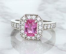 Load image into Gallery viewer, 1.56ct Radiant Pink Sapphire Ring with Diamond Halo in 18K White Gold