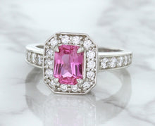 Load image into Gallery viewer, 1.56ct Radiant Pink Sapphire Ring with Diamond Halo in 18K White Gold