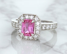 Load image into Gallery viewer, 1.56ct Radiant Pink Sapphire Ring with Diamond Halo in 18K White Gold