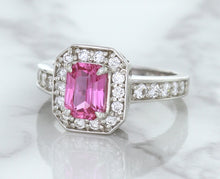 Load image into Gallery viewer, 1.56ct Radiant Pink Sapphire Ring with Diamond Halo in 18K White Gold