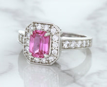 Load image into Gallery viewer, 1.56ct Radiant Pink Sapphire Ring with Diamond Halo in 18K White Gold