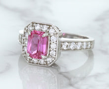 Load image into Gallery viewer, 1.56ct Radiant Pink Sapphire Ring with Diamond Halo in 18K White Gold