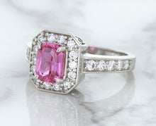 Load image into Gallery viewer, 1.56ct Radiant Pink Sapphire Ring with Diamond Halo in 18K White Gold