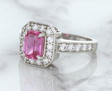 Load image into Gallery viewer, 1.56ct Radiant Pink Sapphire Ring with Diamond Halo in 18K White Gold