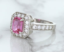 Load image into Gallery viewer, 1.56ct Radiant Pink Sapphire Ring with Diamond Halo in 18K White Gold