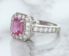 Load image into Gallery viewer, 1.56ct Radiant Pink Sapphire Ring with Diamond Halo in 18K White Gold