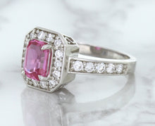 Load image into Gallery viewer, 1.56ct Radiant Pink Sapphire Ring with Diamond Halo in 18K White Gold