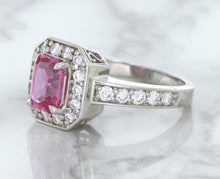 Load image into Gallery viewer, 1.56ct Radiant Pink Sapphire Ring with Diamond Halo in 18K White Gold