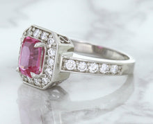Load image into Gallery viewer, 1.56ct Radiant Pink Sapphire Ring with Diamond Halo in 18K White Gold