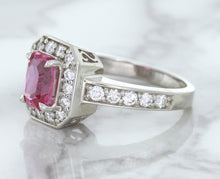 Load image into Gallery viewer, 1.56ct Radiant Pink Sapphire Ring with Diamond Halo in 18K White Gold