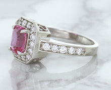 Load image into Gallery viewer, 1.56ct Radiant Pink Sapphire Ring with Diamond Halo in 18K White Gold