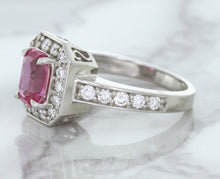 Load image into Gallery viewer, 1.56ct Radiant Pink Sapphire Ring with Diamond Halo in 18K White Gold