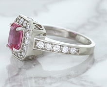 Load image into Gallery viewer, 1.56ct Radiant Pink Sapphire Ring with Diamond Halo in 18K White Gold