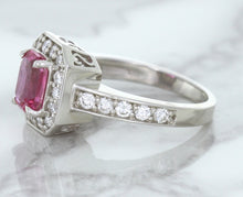 Load image into Gallery viewer, 1.56ct Radiant Pink Sapphire Ring with Diamond Halo in 18K White Gold