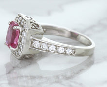 Load image into Gallery viewer, 1.56ct Radiant Pink Sapphire Ring with Diamond Halo in 18K White Gold