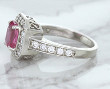 Load image into Gallery viewer, 1.56ct Radiant Pink Sapphire Ring with Diamond Halo in 18K White Gold
