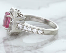 Load image into Gallery viewer, 1.56ct Radiant Pink Sapphire Ring with Diamond Halo in 18K White Gold
