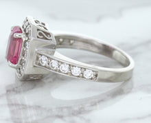 Load image into Gallery viewer, 1.56ct Radiant Pink Sapphire Ring with Diamond Halo in 18K White Gold