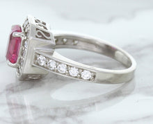 Load image into Gallery viewer, 1.56ct Radiant Pink Sapphire Ring with Diamond Halo in 18K White Gold