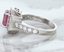 Load image into Gallery viewer, 1.56ct Radiant Pink Sapphire Ring with Diamond Halo in 18K White Gold