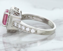 Load image into Gallery viewer, 1.56ct Radiant Pink Sapphire Ring with Diamond Halo in 18K White Gold