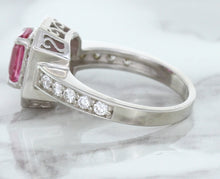 Load image into Gallery viewer, 1.56ct Radiant Pink Sapphire Ring with Diamond Halo in 18K White Gold