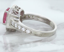 Load image into Gallery viewer, 1.56ct Radiant Pink Sapphire Ring with Diamond Halo in 18K White Gold