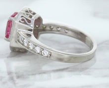 Load image into Gallery viewer, 1.56ct Radiant Pink Sapphire Ring with Diamond Halo in 18K White Gold