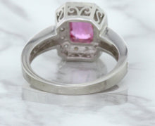 Load image into Gallery viewer, 1.56ct Radiant Pink Sapphire Ring with Diamond Halo in 18K White Gold