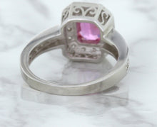 Load image into Gallery viewer, 1.56ct Radiant Pink Sapphire Ring with Diamond Halo in 18K White Gold